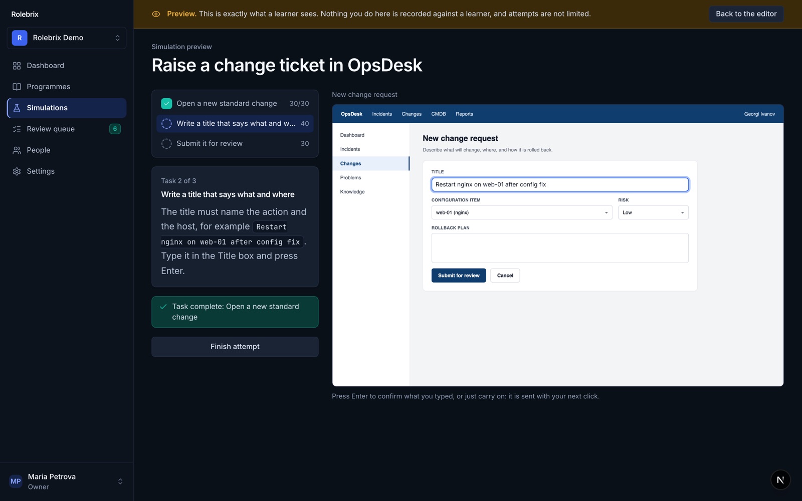 A guided simulation of a ticketing tool