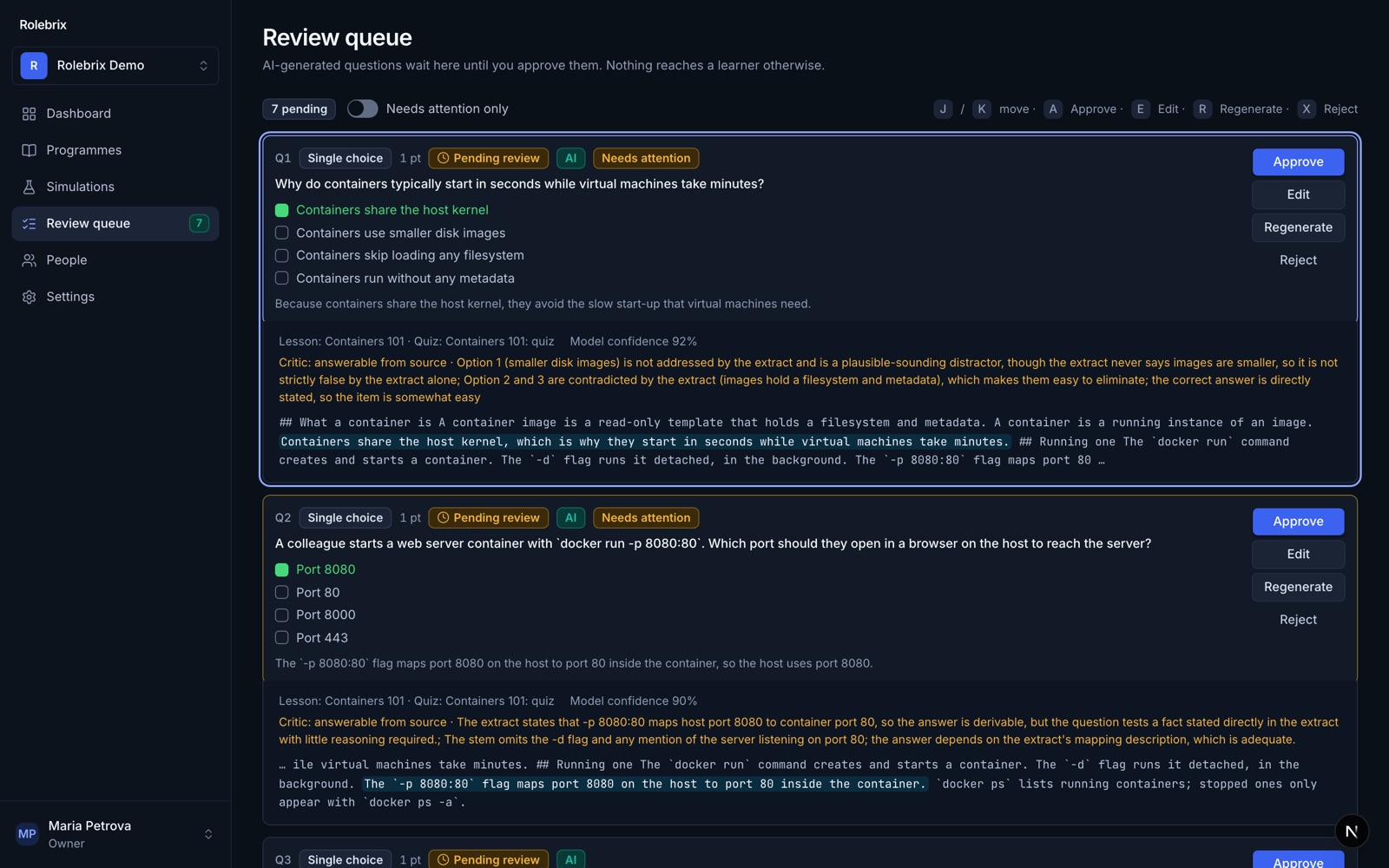 The review queue with AI-drafted questions and their sources